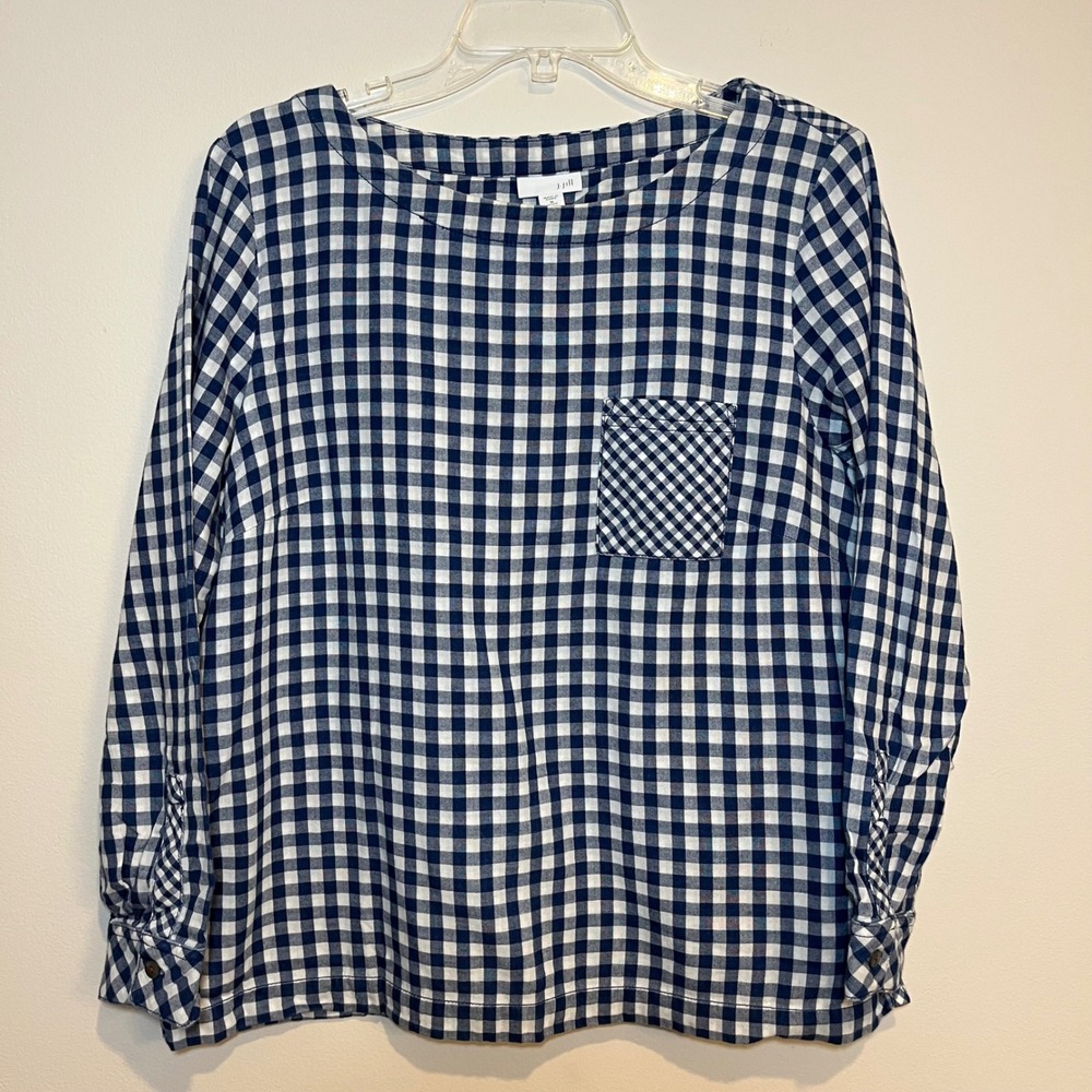 J. Jill Shirt Blouse Top Navy Blue White Gingham Button Back Long Sleeve Med Pet